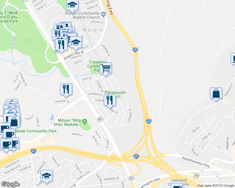 map of restaurants, bars, coffee shops, grocery stores, and more near 94-1147 Lumikula Street in Waipahu