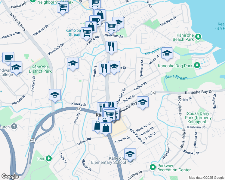 map of restaurants, bars, coffee shops, grocery stores, and more near 45-705 Kamehameha Highway in Kaneohe