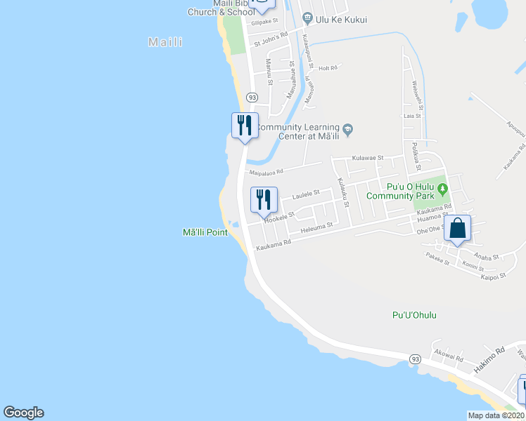 map of restaurants, bars, coffee shops, grocery stores, and more near 87-855 Ehu Street in Waianae