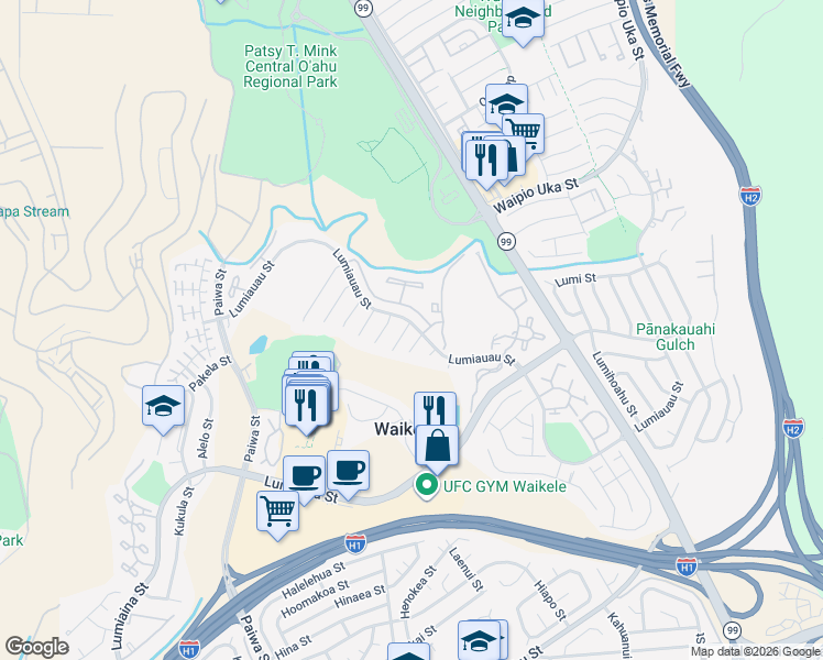 map of restaurants, bars, coffee shops, grocery stores, and more near 94-237 Pailolo Place in Waipahu