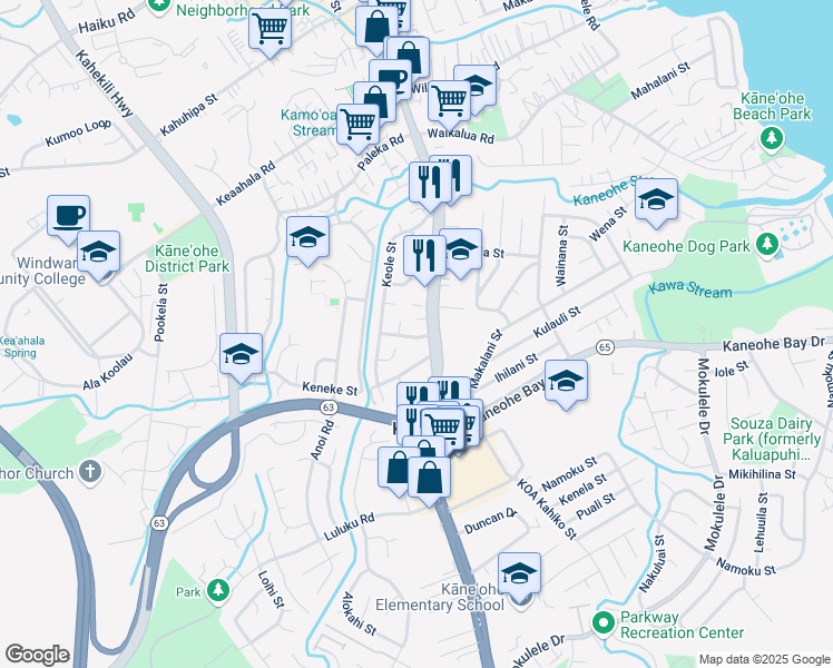 map of restaurants, bars, coffee shops, grocery stores, and more near 45-509 Kolokio Street in Kaneohe