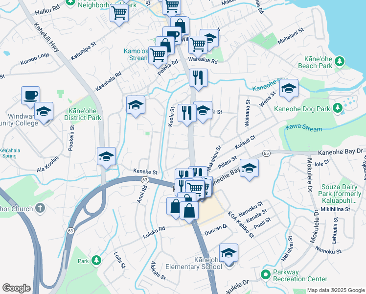 map of restaurants, bars, coffee shops, grocery stores, and more near 45-509 Kolokio Street in Kaneohe