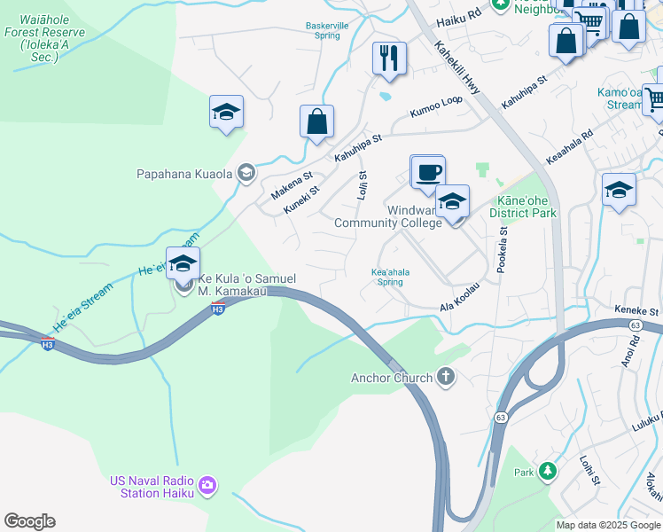 map of restaurants, bars, coffee shops, grocery stores, and more near 45-509 Puoni Place in Kaneohe