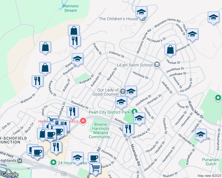 map of restaurants, bars, coffee shops, grocery stores, and more near 1645 Kaleilani Street in Pearl City