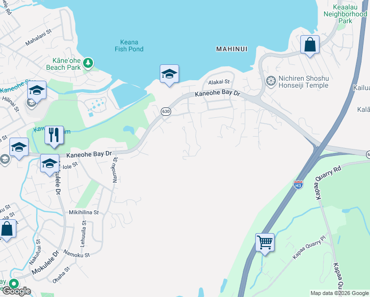 map of restaurants, bars, coffee shops, grocery stores, and more near 45-243 Kokokahi Place in Kaneohe