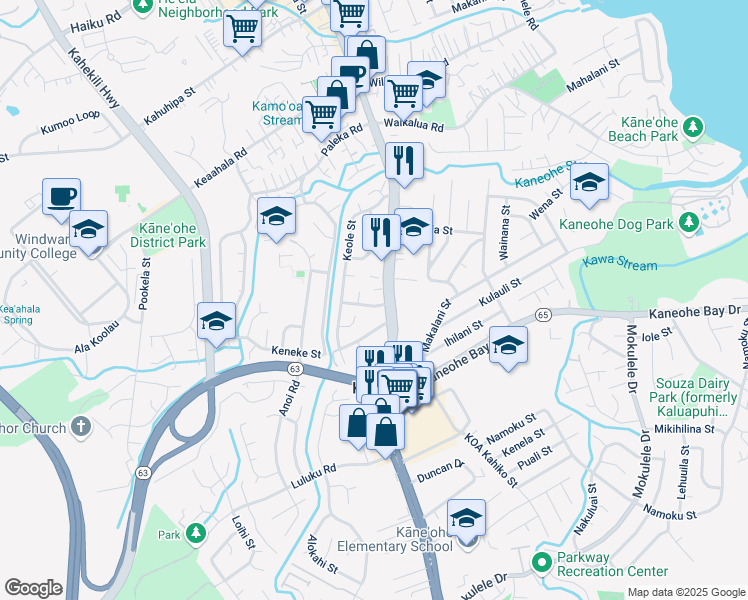 map of restaurants, bars, coffee shops, grocery stores, and more near 45-509 Kolokio Street in Kaneohe
