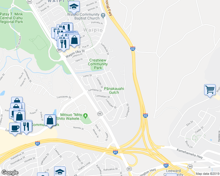 map of restaurants, bars, coffee shops, grocery stores, and more near 94-1114 Lumiauau Street in Waipahu
