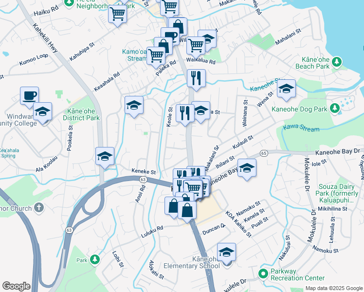 map of restaurants, bars, coffee shops, grocery stores, and more near 45-509 Kolokio Street in Kaneohe
