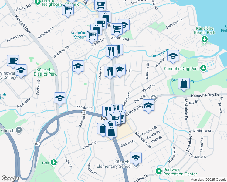 map of restaurants, bars, coffee shops, grocery stores, and more near 45-705 Kamehameha Highway in Kaneohe