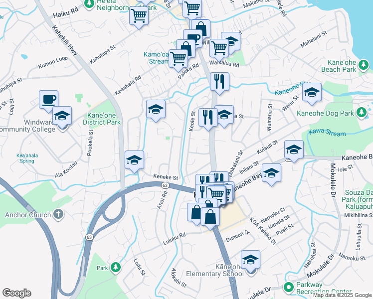 map of restaurants, bars, coffee shops, grocery stores, and more near 45-593 Keole Street in Kaneohe