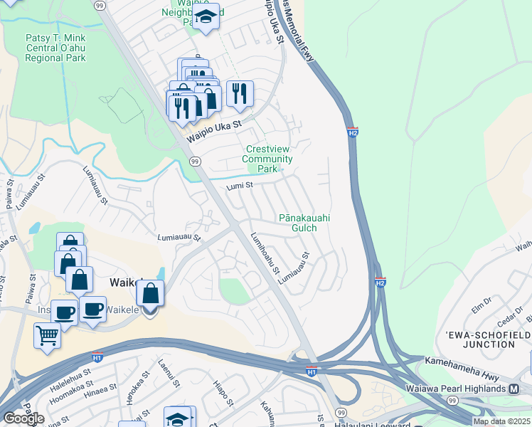 map of restaurants, bars, coffee shops, grocery stores, and more near 94-882 Lumiholoi Street in Waipahu