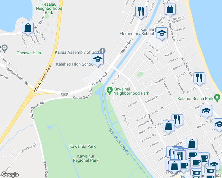 map of restaurants, bars, coffee shops, grocery stores, and more near 810 Kainui Drive in Kailua