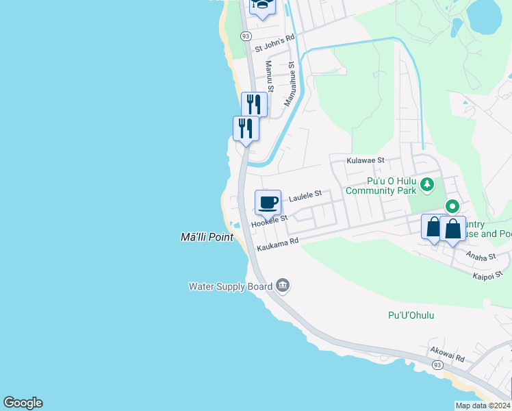 map of restaurants, bars, coffee shops, grocery stores, and more near 87-855 Ehu Street in Waianae