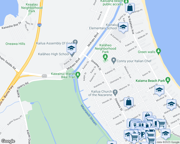 map of restaurants, bars, coffee shops, grocery stores, and more near 560 Kaha Street in Kailua