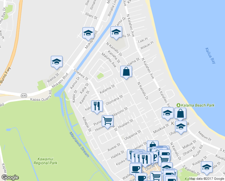 map of restaurants, bars, coffee shops, grocery stores, and more near 365 Kalama Street in Kailua