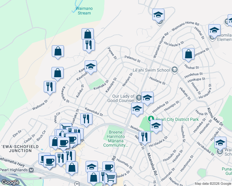 map of restaurants, bars, coffee shops, grocery stores, and more near 1610 Noelani Street in Pearl City