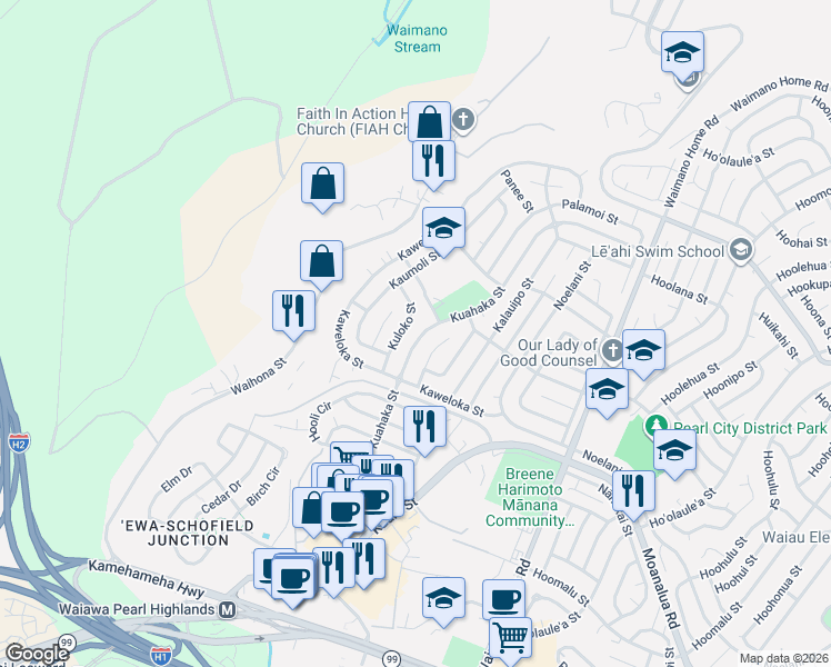 map of restaurants, bars, coffee shops, grocery stores, and more near 1460 Kuahaka Street in Pearl City