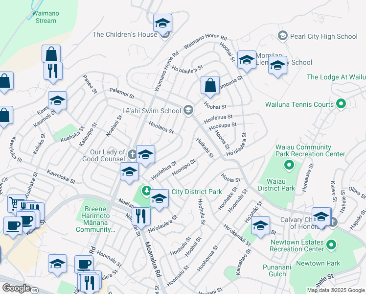 map of restaurants, bars, coffee shops, grocery stores, and more near 1649 Hoolana Street in Pearl City