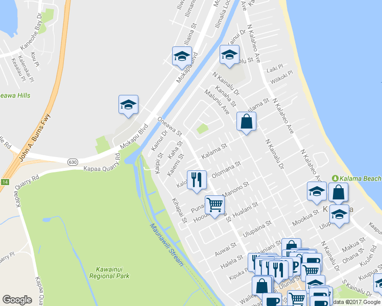 map of restaurants, bars, coffee shops, grocery stores, and more near 827 Oneawa Street in Kailua