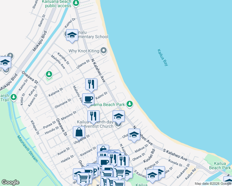 map of restaurants, bars, coffee shops, grocery stores, and more near 430 Dune Circle in Kailua