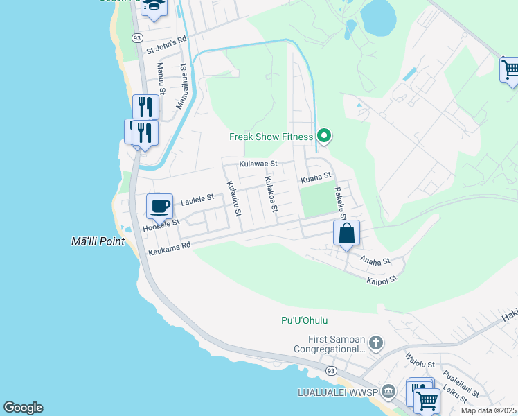 map of restaurants, bars, coffee shops, grocery stores, and more near 87-148 Kulahanai Place in Waianae