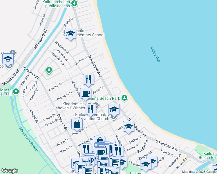 map of restaurants, bars, coffee shops, grocery stores, and more near 430 Dune Circle in Kailua