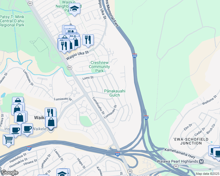 map of restaurants, bars, coffee shops, grocery stores, and more near 94-1114 Lumiauau Street in Waipahu