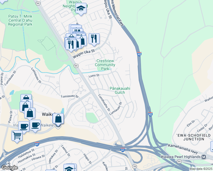map of restaurants, bars, coffee shops, grocery stores, and more near 94-882 Lumiholoi Street in Waipahu