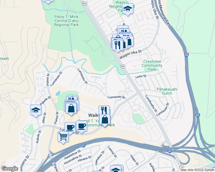 map of restaurants, bars, coffee shops, grocery stores, and more near 94-768 Lumiauau Street in Waipahu