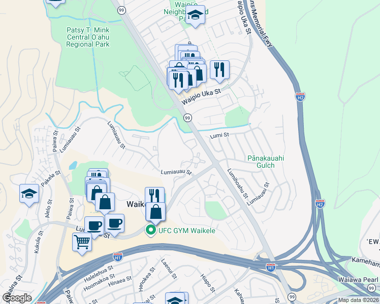map of restaurants, bars, coffee shops, grocery stores, and more near 94-828 Lumiauau Street in Waipahu