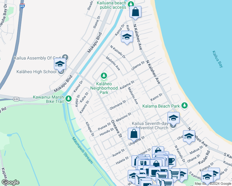 map of restaurants, bars, coffee shops, grocery stores, and more near 365 Kalama Street in Kailua