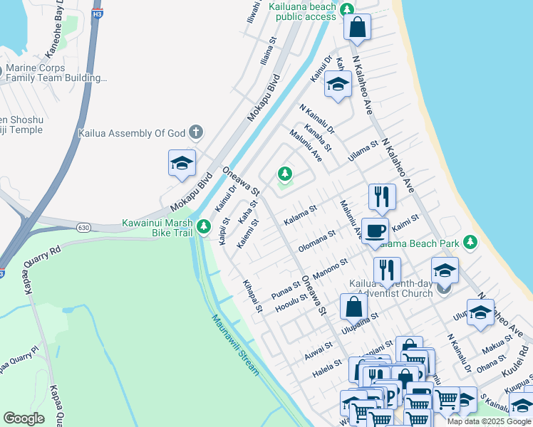 map of restaurants, bars, coffee shops, grocery stores, and more near 827 Oneawa Street in Kailua