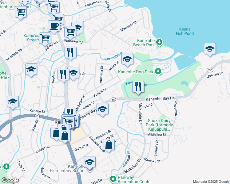 map of restaurants, bars, coffee shops, grocery stores, and more near 45-328a Kahowaa Place in Kaneohe