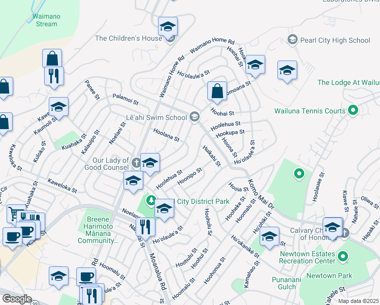 map of restaurants, bars, coffee shops, grocery stores, and more near 1649 Hoolana Street in Pearl City