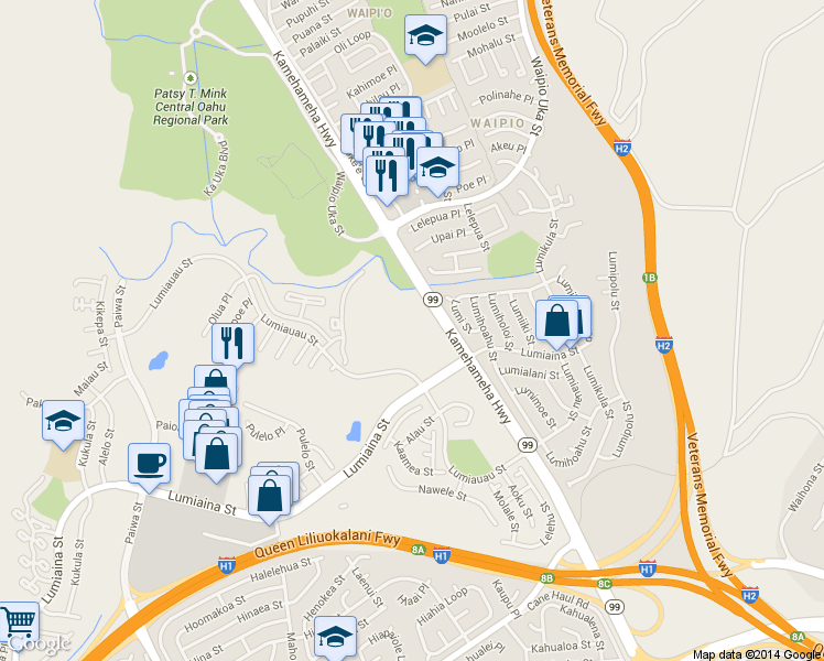 map of restaurants, bars, coffee shops, grocery stores, and more near 94-828 Lumiauau Street in Waipahu