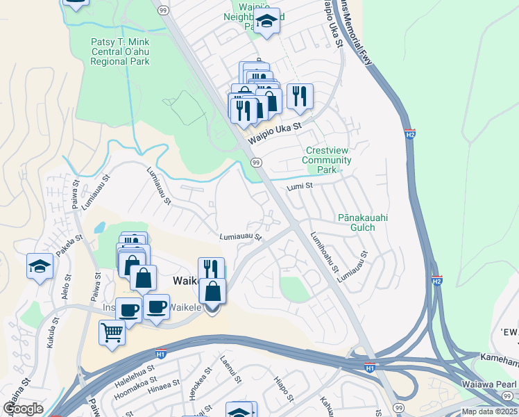 map of restaurants, bars, coffee shops, grocery stores, and more near 94-828 Lumiauau Street in Waipahu