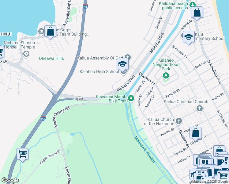 map of restaurants, bars, coffee shops, grocery stores, and more near Kapaa Quarry Road in Kailua