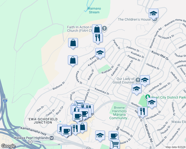 map of restaurants, bars, coffee shops, grocery stores, and more near 1460 Kuahaka Street in Pearl City