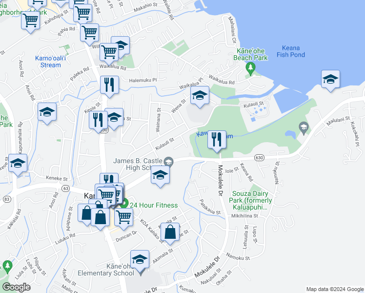 map of restaurants, bars, coffee shops, grocery stores, and more near 45-324 Kahowaa Place in Kaneohe