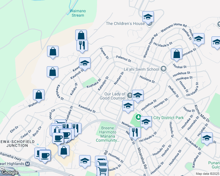 map of restaurants, bars, coffee shops, grocery stores, and more near 1610 Noelani Street in Pearl City