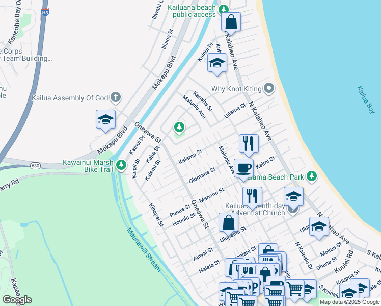 map of restaurants, bars, coffee shops, grocery stores, and more near 416 Kalama Street in Kailua