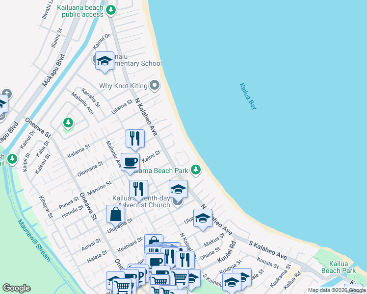 map of restaurants, bars, coffee shops, grocery stores, and more near 430 Dune Circle in Kailua