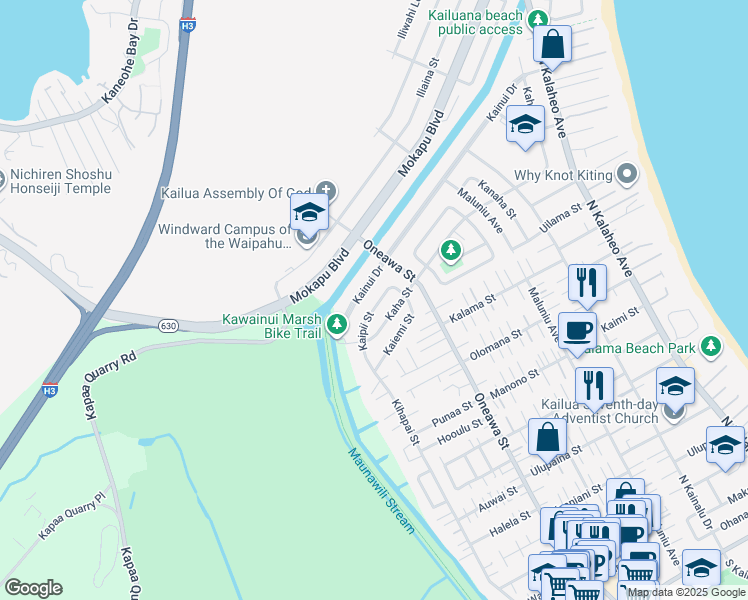 map of restaurants, bars, coffee shops, grocery stores, and more near 560 Kaha Street in Kailua