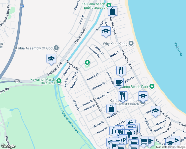 map of restaurants, bars, coffee shops, grocery stores, and more near 448 Kalama Street in Kailua