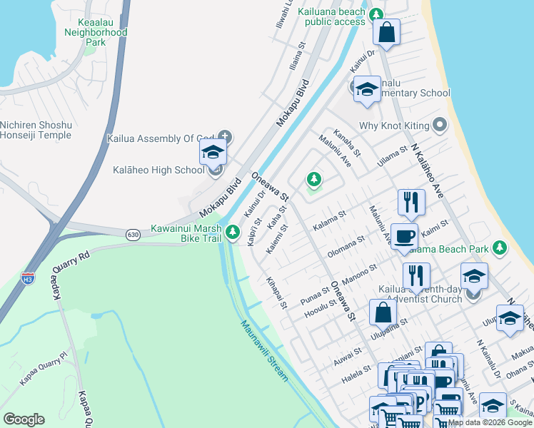 map of restaurants, bars, coffee shops, grocery stores, and more near 560 Kaha Street in Kailua