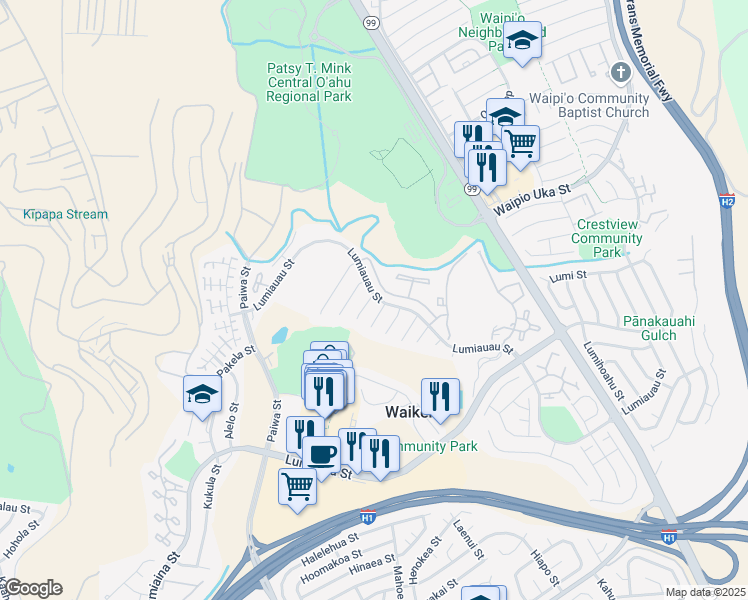 map of restaurants, bars, coffee shops, grocery stores, and more near 94-237 Anapau Place in Waipahu