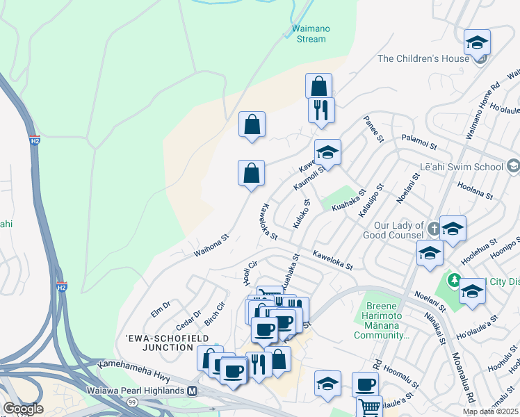 map of restaurants, bars, coffee shops, grocery stores, and more near 1277 Kaweloka Street in Pearl City