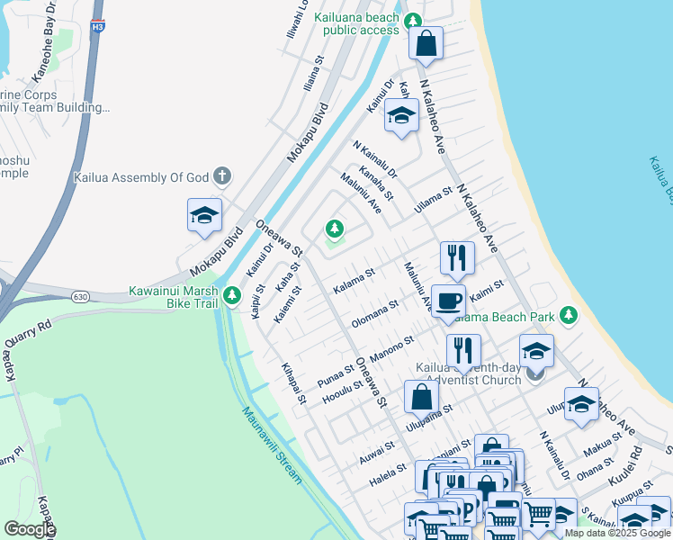 map of restaurants, bars, coffee shops, grocery stores, and more near 448 Kalama Street in Kailua