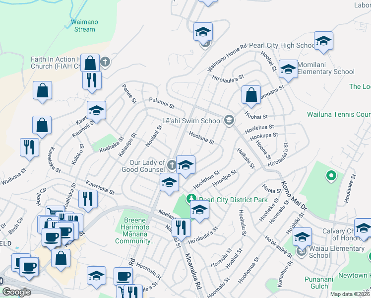 map of restaurants, bars, coffee shops, grocery stores, and more near 1619 Waimano Home Road in Pearl City