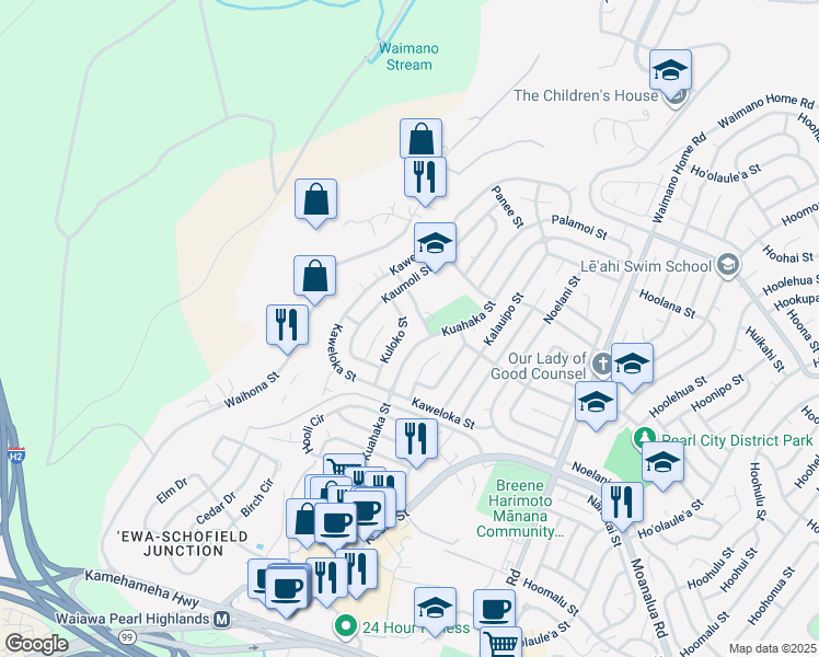 map of restaurants, bars, coffee shops, grocery stores, and more near 1140 Kumano Street in Pearl City